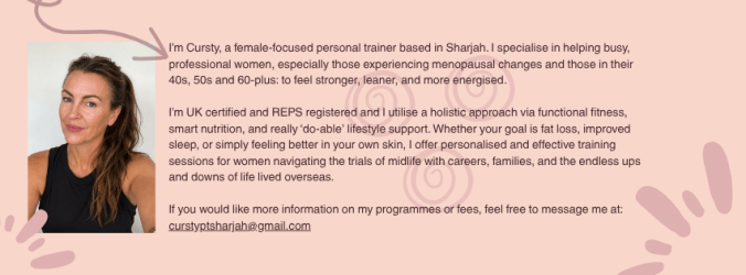 Sharjah personal trainer, PT, Ladies Trainer Sharjah, Cursty PT